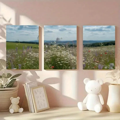 3pcs Wildflowers Meadow Landscape Painting Metal Print Ready to Hang Art