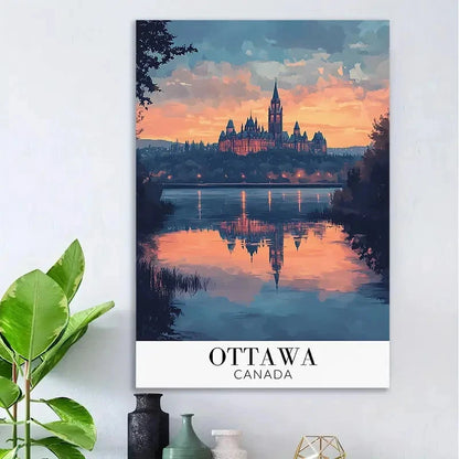 Ottawa Canada Castle Sunset Reflection Vintage Travel Poster Print Wall Art