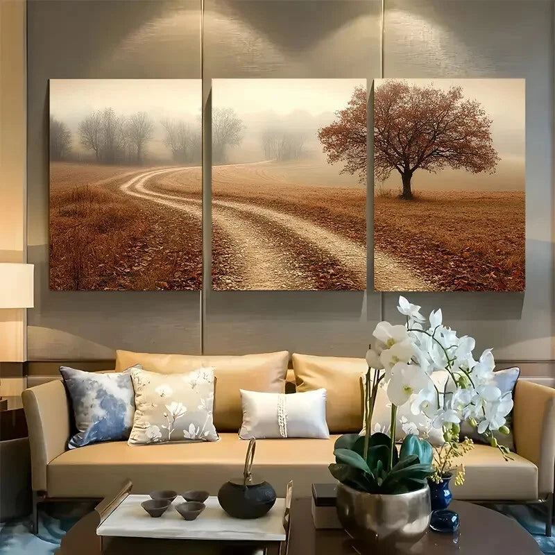 3pcs Rustic Country Path with Trees Metal Print Ready to Hang Art