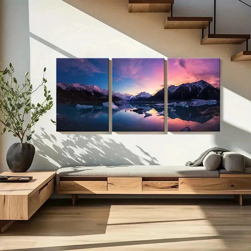 3pcs Sunset Through Snow Mountains & Lake Wall Art Set Canvas Framed 60x90cm - High Quality Print 100% Australian Made Wall Canvas Ready to Hang