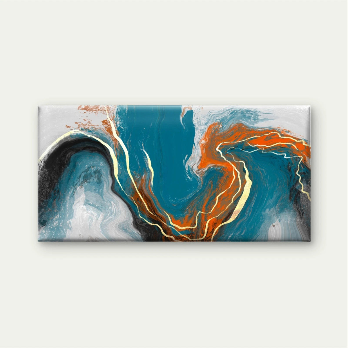 Blue, Orange and Gold Abstract Fluid Wall Art Canvas Office Home Framed 120x60cm
