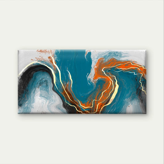 Blue, Orange and Gold Abstract Fluid Wall Art Canvas Office Home Framed 120x60cm