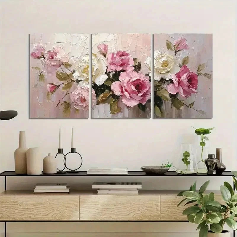 3pcs Elegant Oil Painting of Blooming Roses Metal Print Ready to Hang Art