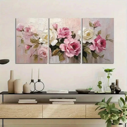 3pcs Elegant Oil Painting of Blooming Roses Metal Print Ready to Hang Art