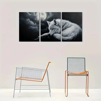 3pcs Moonlit Black and White Wolf Metal Print Ready to Hang Art
