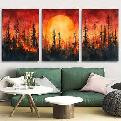 3pcs Vibrant Forest Fire Metal Print Ready to Hang Art