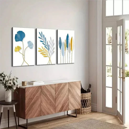 3pcs Blue and Golden leaves Of Flora Canvas Framed 60x90cm - High Quality Print 100% Australian Made Wall Canvas Ready to Hang