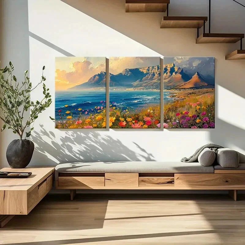 3pcs Mountain Landscape Vibrant Flowers Coastal Metal Print Ready to Hang Art