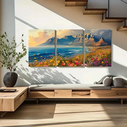 3pcs Mountain Landscape Vibrant Flowers Coastal Metal Print Ready to Hang Art