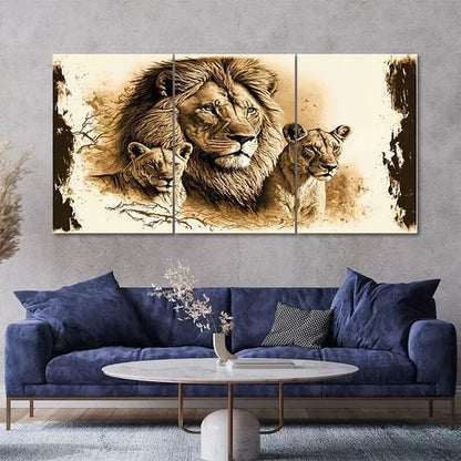 3 Piece Lion And Lioness Art with Golden Wall Art Set Canvas Unframed - High Quality Print 100% Australian Made Wall Canvas