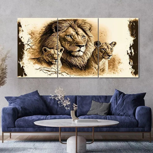 3 Piece Lion And Lioness Art with Golden Wall Art Set Canvas Unframed - High Quality Print 100% Australian Made Wall Canvas