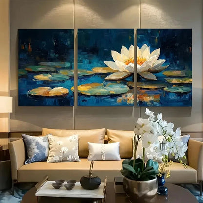 3pcs Abstract Water Lily with Leaves on Pond Metal Print Ready to Hang Art