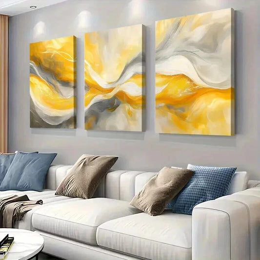 3pcs Abstract Yellow And Gray Design Wall Art Set Canvas Framed 40x60cm - High Quality Print 100% Australian Made Wall Canvas Ready to Hang
