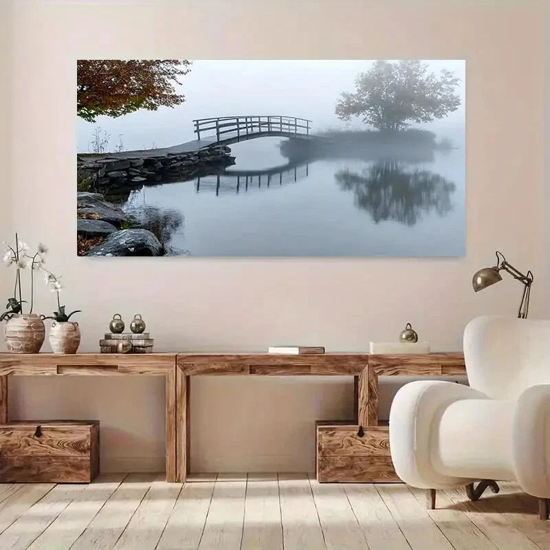 Misty Pond & Wooden Bridge wall canvas office home room framed 120x60cm - Bella Home Decor