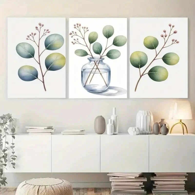 3pcs Botanical Prints with Blue & Green Leaves Metal Print Ready to Hang Art