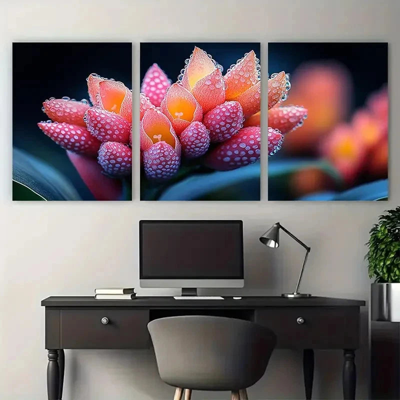 3pcs Pink Red Yellow Exotic Flower Design Metal Print Ready to Hang Art