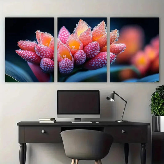 3pcs Pink Red Yellow Exotic Flower Design Metal Print Ready to Hang Art