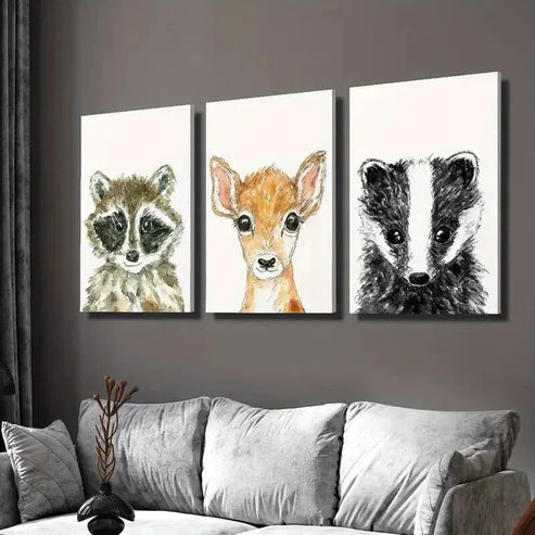 3pcs Baby Raccoon Cute Deer and Badger Wall Art Set Canvas Unframed - High Quality Print 100% Australian Made Wall Canvas
