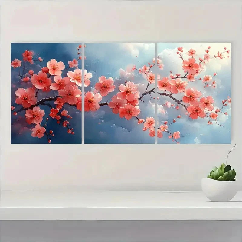 3pcs Pink Flowers & Blooming Tree Design Metal Print Ready to Hang Art