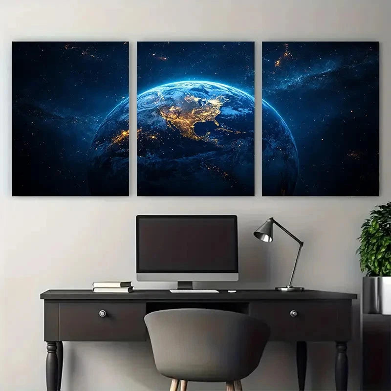 3pcs Illuminated Earth Planet Space Design Metal Print Ready to Hang Art