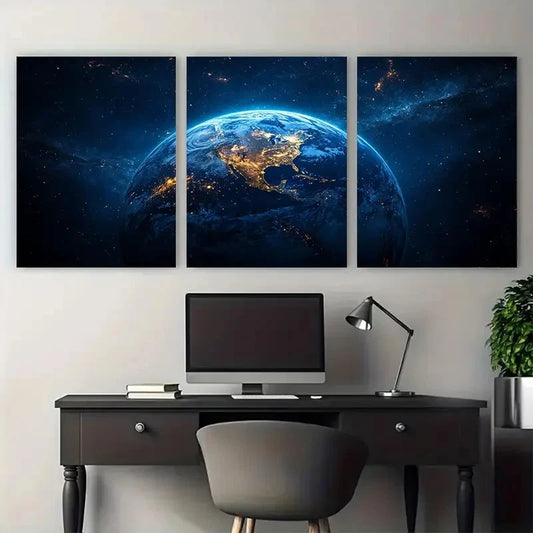 3pcs Illuminated Earth Planet Space Design Metal Print Ready to Hang Art