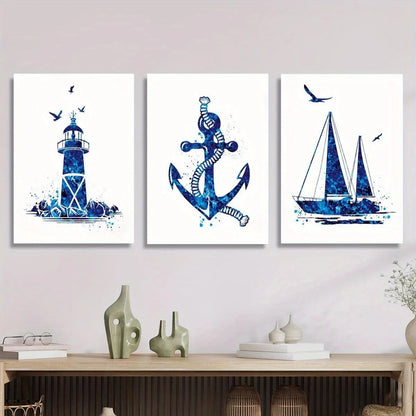 3pcs Navy Blue Lighthouse Sailboat Anchor Metal Print Ready to Hang Art
