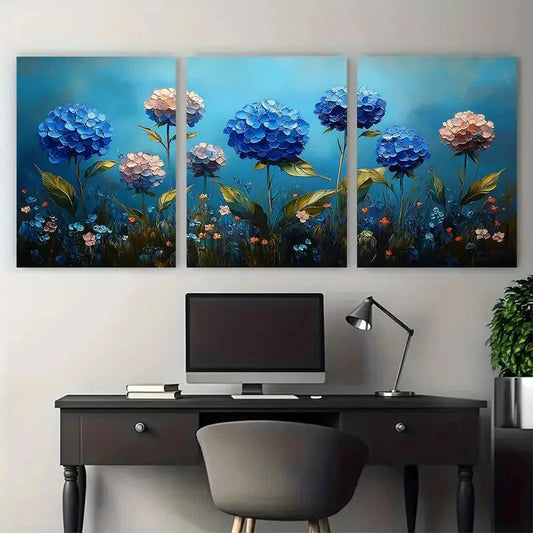 3pcs Hydrangea Floral Impasto Meadow Design Wall Art Set Canvas Framed 50x70cm - High Quality Print 100% Australian Made Wall Canvas Ready to Hang
