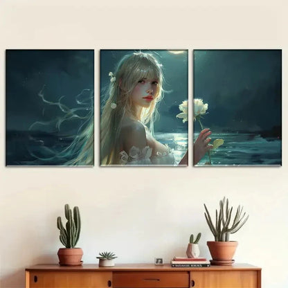 3pcs Mystical Woman and White for Lotus Metal Print Ready to Hang Art