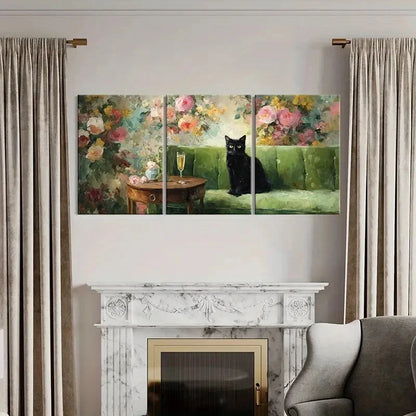 3pcs Black Cat Floral Background Champagne Metal Print Ready to Hang Art