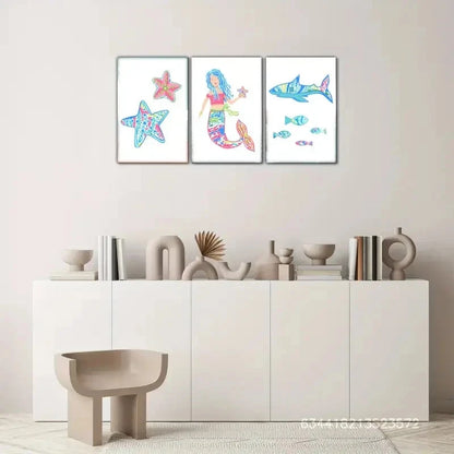 3pcs Starfish Print Shark Ocean Theme Art Metal Print Ready to Hang Art