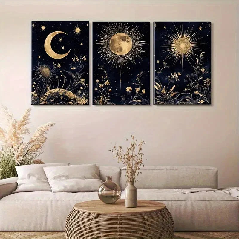 3pcs Golden and Navy Blue Celestial and Floral Metal Print Ready to Hang Art