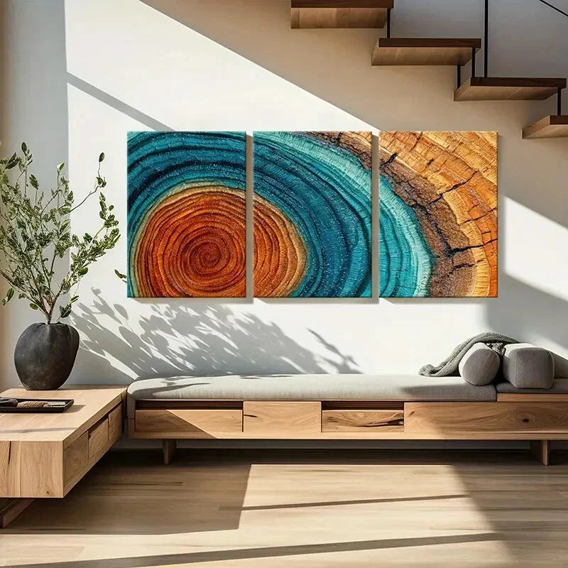 3pcs Teal Orange Brown Layers Textured Wooden Metal Print Ready to Hang Art