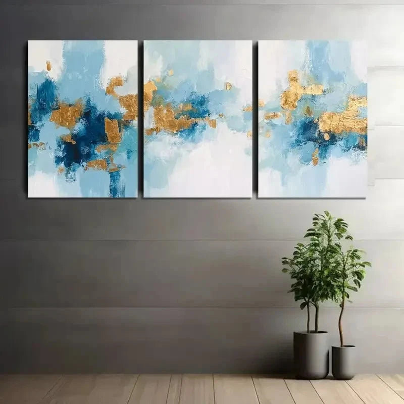 3pcs Abstract Art Blue And Golden Painting Metal Print Ready to Hang Art