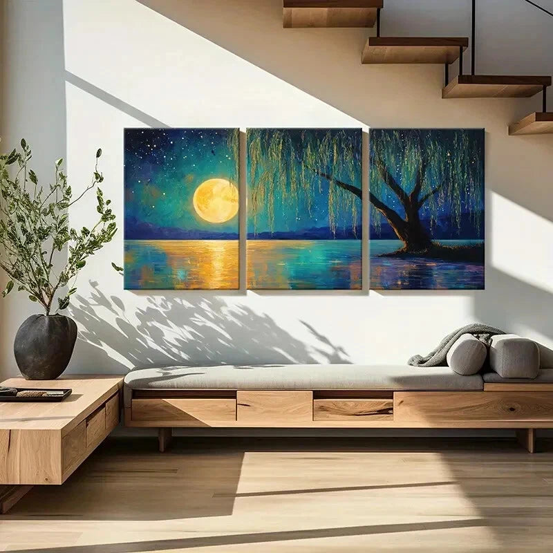 3pcs Willow Tree Serene Night Sky Starry Landscape Metal Print Ready to Hang Art