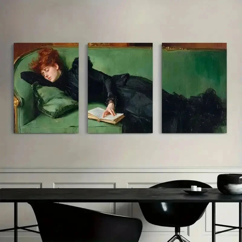 3pcs Woman in Black Reading on Green Sofa Metal Print Ready to Hang Art