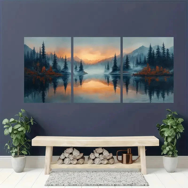 3pcs Misty Forest Reflection Landscape Tranquil Metal Print Ready to Hang Art