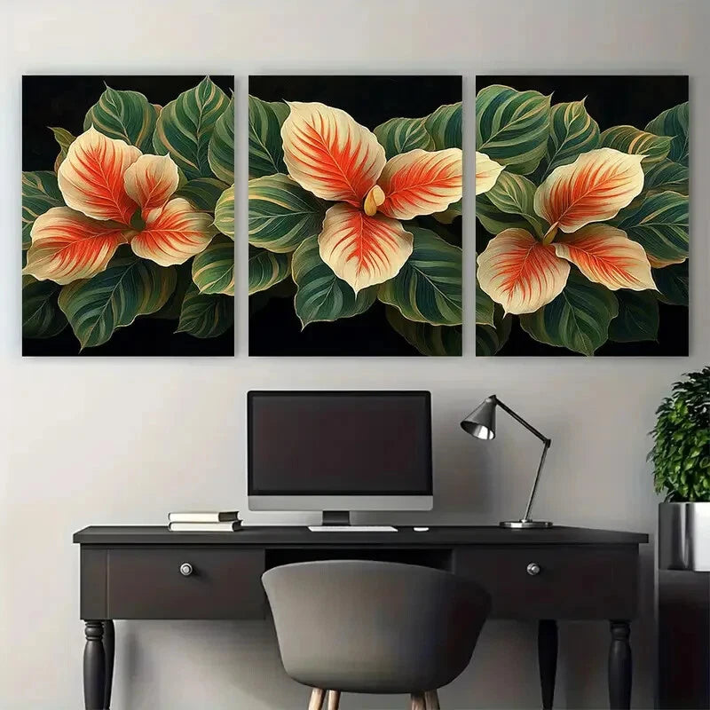 3pcs Tropical Calathea Natural Pin Stripe Foliage Metal Print Ready to Hang Art