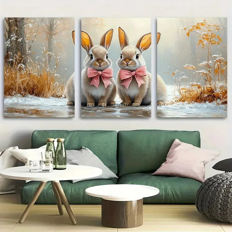 3pcs Adorable Bunny Cute Rabbits with Pink Bows Metal Print Ready to Hang Art