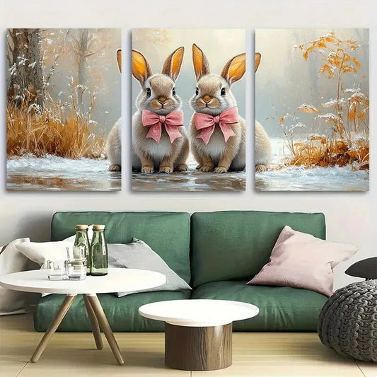 3pcs Adorable Bunny Cute Rabbits with Pink Bows Metal Print Ready to Hang Art