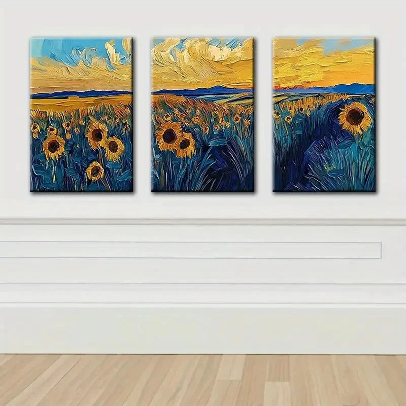 3pcs A Field Of Sunflowers At Sunset Painting Wall Art Set Canvas Framed 50x70cm - High Quality Print 100% Australian Made Wall Canvas Ready to Hang