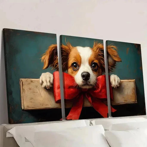 3pcs The Big Red Bow Fine Art Print Dog QR Wall Art Canvas Unframed - High Quality Print 100% Australian Made Wall Canvas