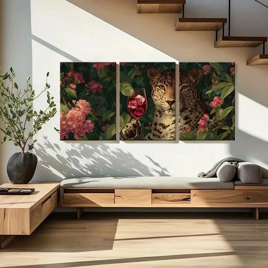 3pcs Leopard with Wine Glass Floral Surroundings Metal Print Ready to Hang Art