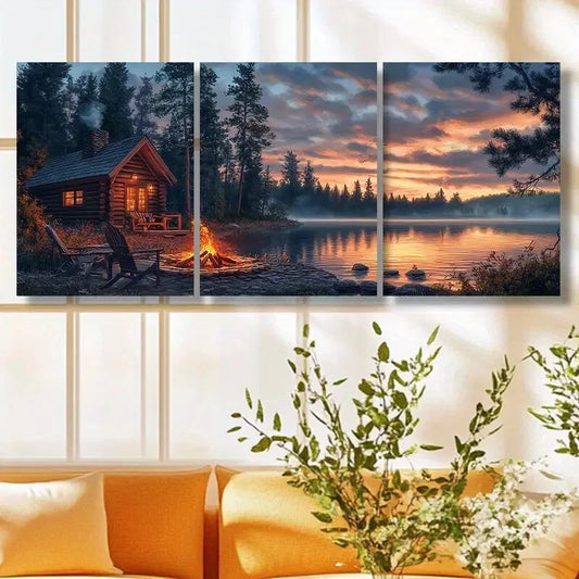 3pcs Cabin Sunset Tranquil Lake & Log Cabin Scene Metal Print Ready to Hang Art