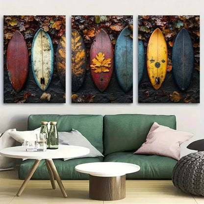 3pcs Featuring Surfboards with fall leaves Metal Print Ready to Hang Art