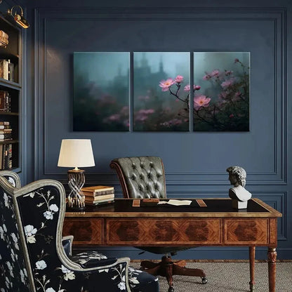 3pcs Fairy Tale Castle Pink Flowers Mysterious Metal Print Ready to Hang Art