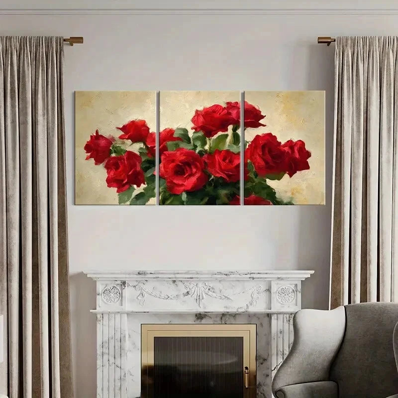 3pcs Red Roses Bouquet Floral Romantic Art Metal Print Ready to Hang Art