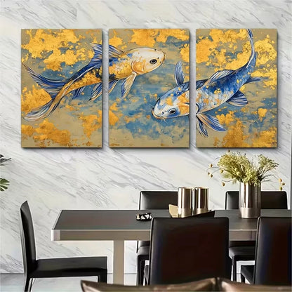 3pcs ,Blue And Golden Koi Fish Painting Metal Print Ready to Hang Art