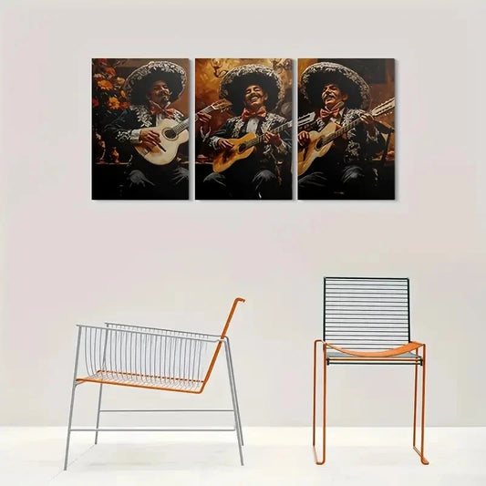 3pcs Mexican Mariachi Musician Guitars & Sombrero Metal Print Ready to Hang Art