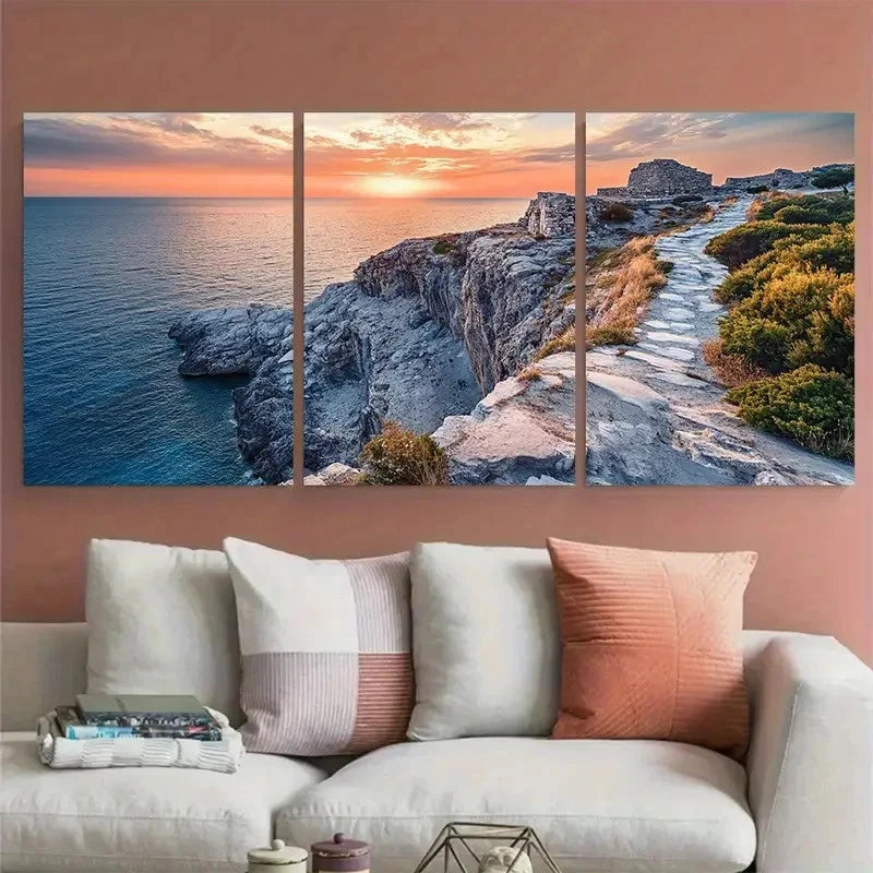 3pcs Naxos Portara Greece Travel Illustration Wall Art Set Canvas Framed 40x60cm - High Quality Print 100% Australian Made Wall Canvas Ready to Hang