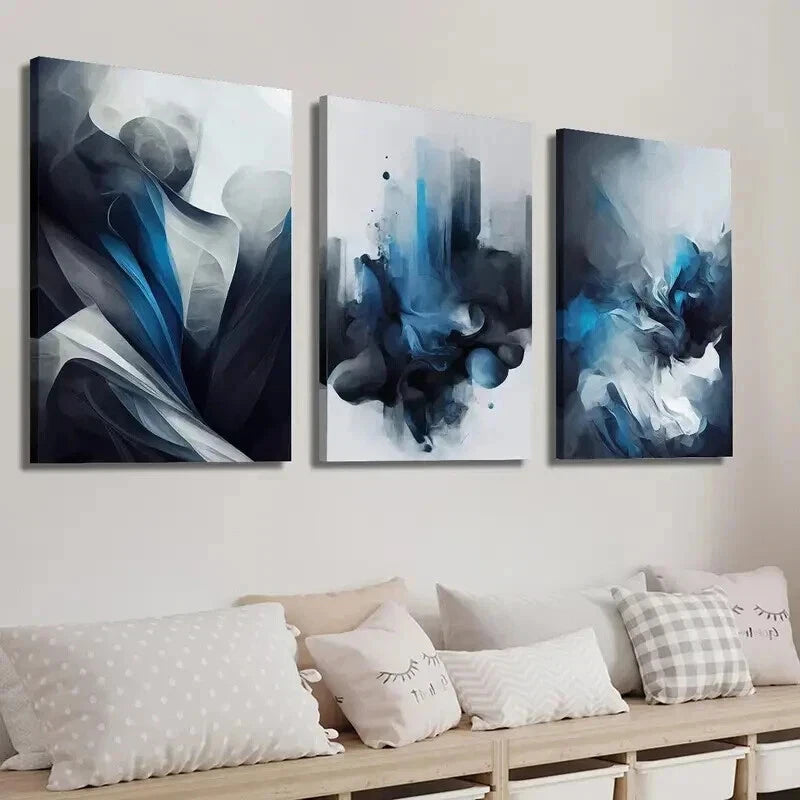 3pcs Modern Minimalist Blue and Gray Abstract Wall Art Set Canvas Framed 40x60cm - High Quality Print 100% Australian Made Wall Canvas Ready to Hang
